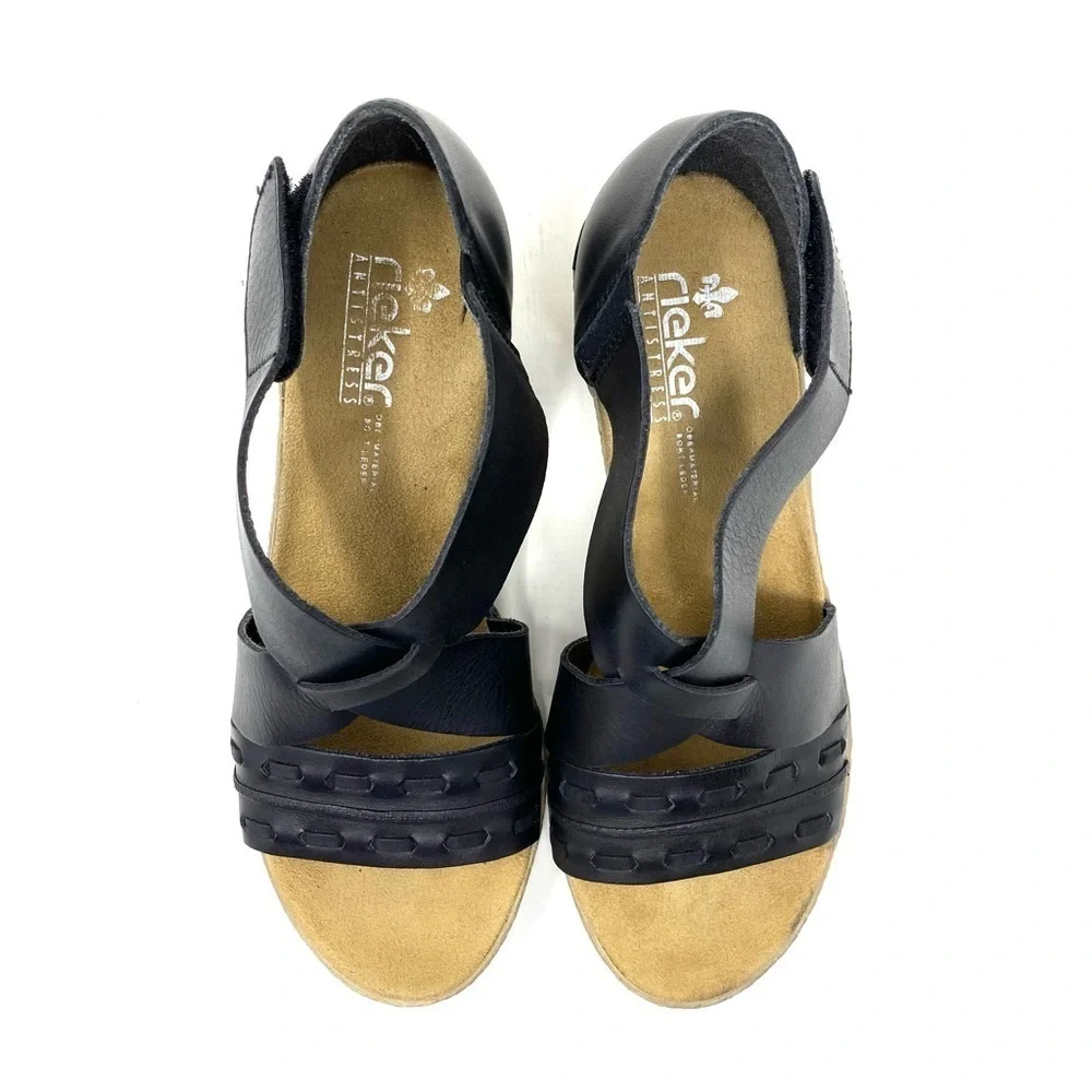 Rieker 62469-01 Fanni 69 Black Leather Wedge Sandal